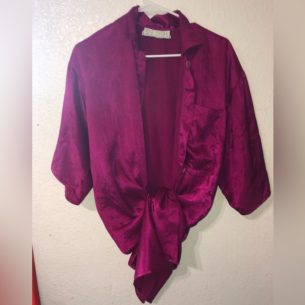 Satin Tie-Front Blouse in Rich Magenta Used